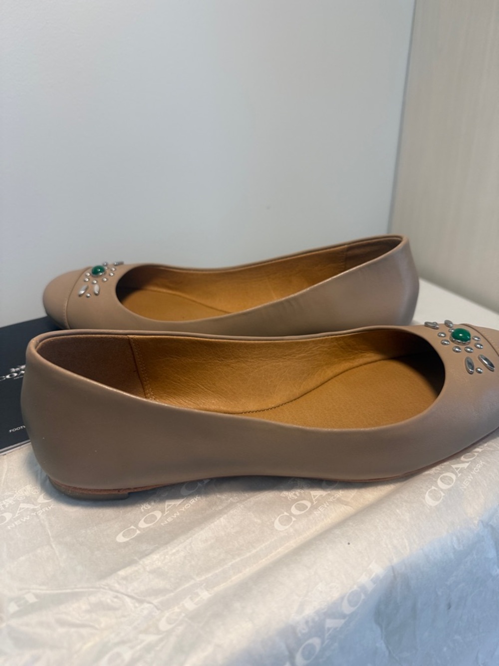 COACH Taupe Leather Embellished Ballet Flats - Picture 3 of 7